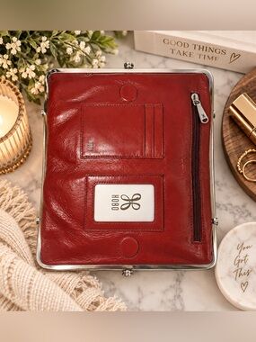 HOBO Lauren Brick Red Leather Double Frame Clutch Wallet Kiss Lock